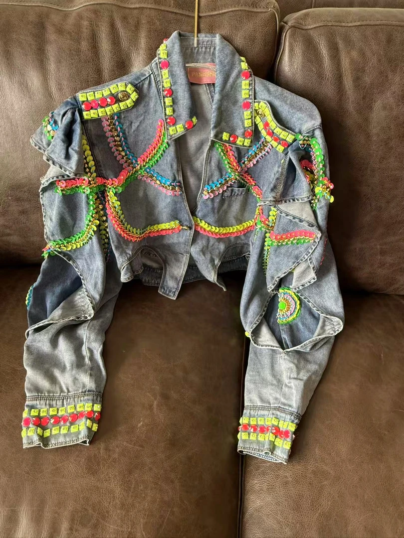 T162 蓝色短款时尚休闲女士复古设计师拼接外套