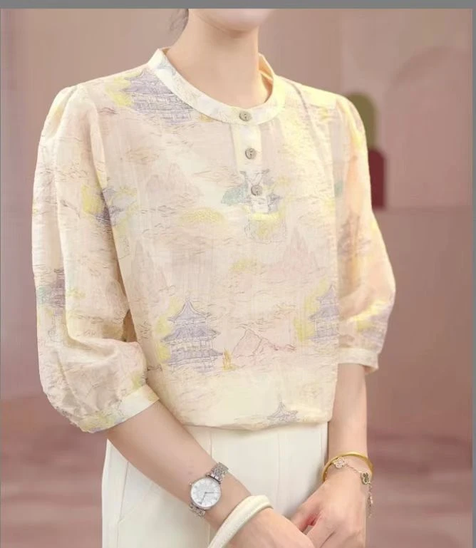 2025夏季新款时尚气质复古百搭宽松显瘦减龄短袖949