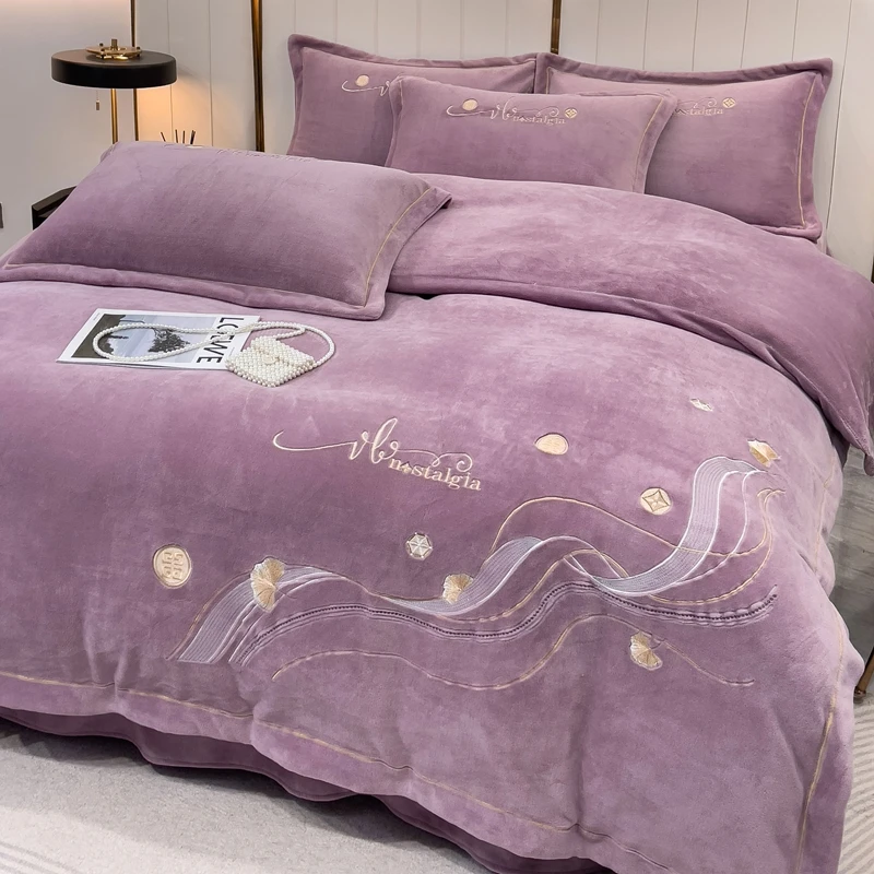 富安娜A类加厚牛奶绒四件套双面珊瑚法兰绒被套冬季保暖床上用品4