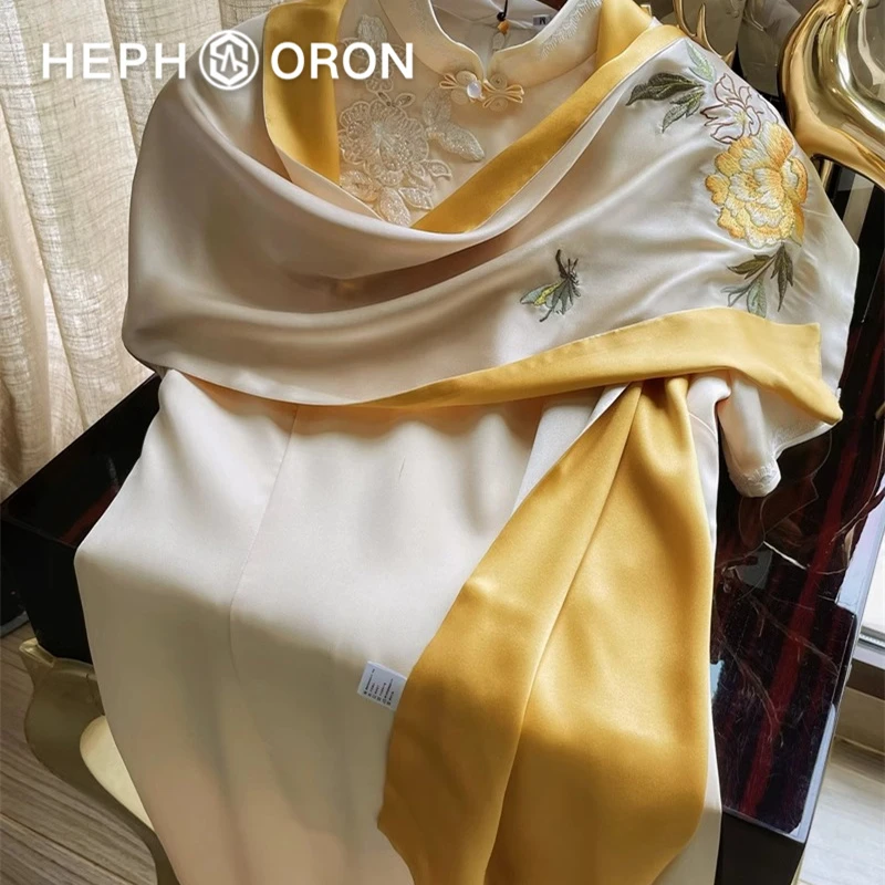 HEPHSORON苏绣丝巾礼盒送妈妈黄色刺绣国风高档桑蚕丝真丝围巾