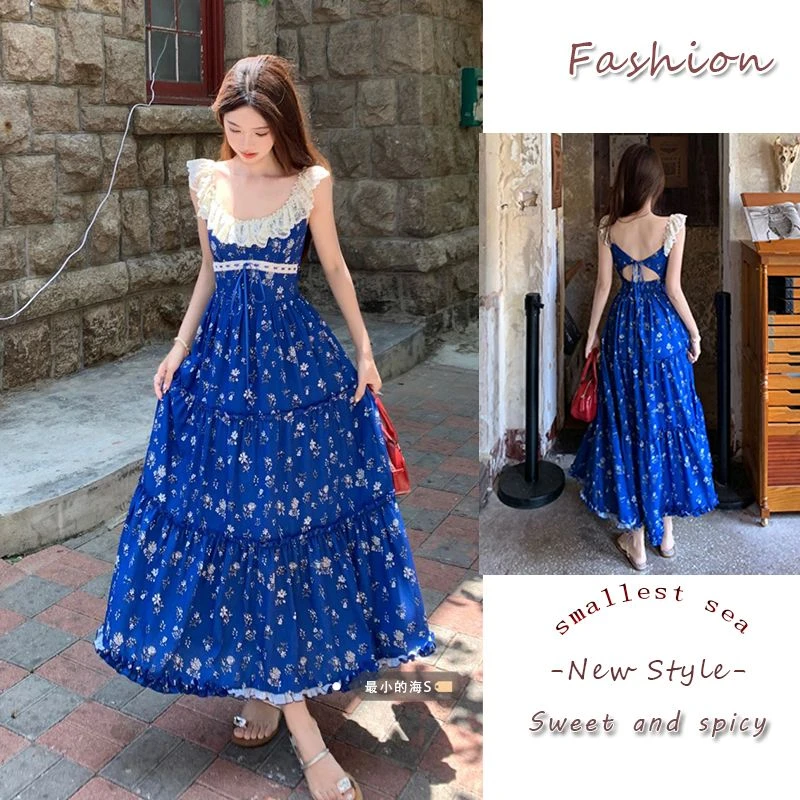 老钱风松弛感女装贵气K甜辣风蕾丝拼接系带碎花吊带连衣裙女夏季