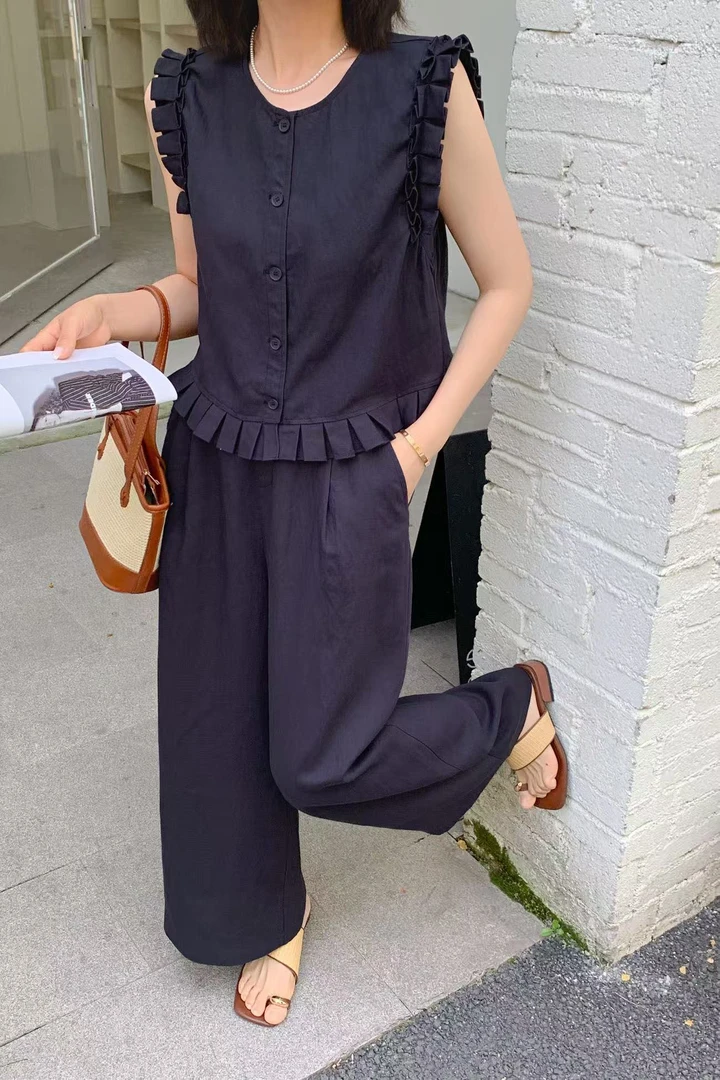 829-休闲风INS风森系老钱风时尚套装街头风亚麻套装