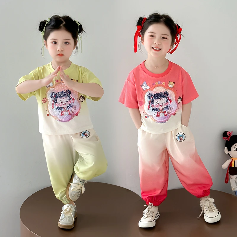 宝宝夏装薄款长裤两件套童装甜酷时髦夏季女童t恤短袖哪吒套装