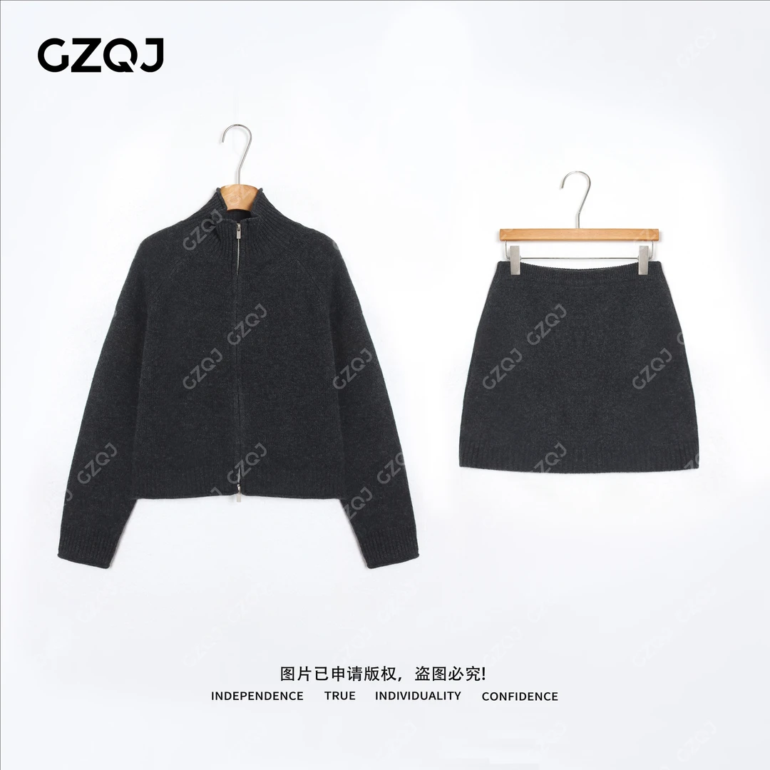 老琴私服【松弛灰调】 100绵羊毛拉链毛衣外套松紧腰短裙套装 36826