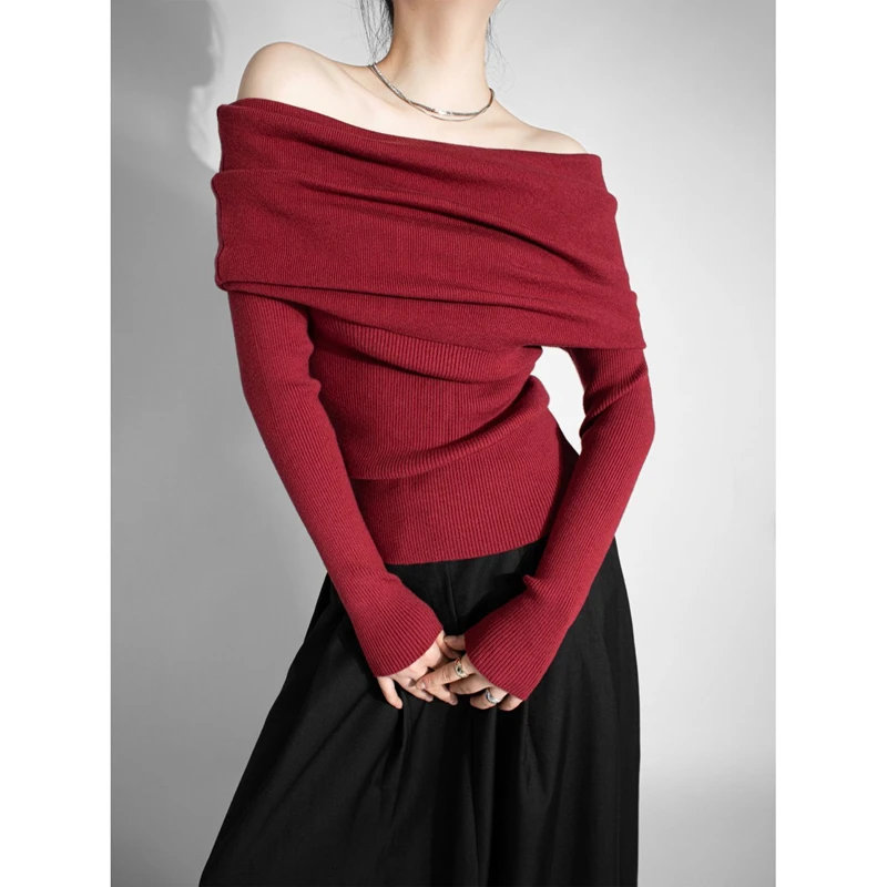 性感一字肩大翻领软糯针织衫法式温柔修身长袖酒红色绝美毛衣春秋