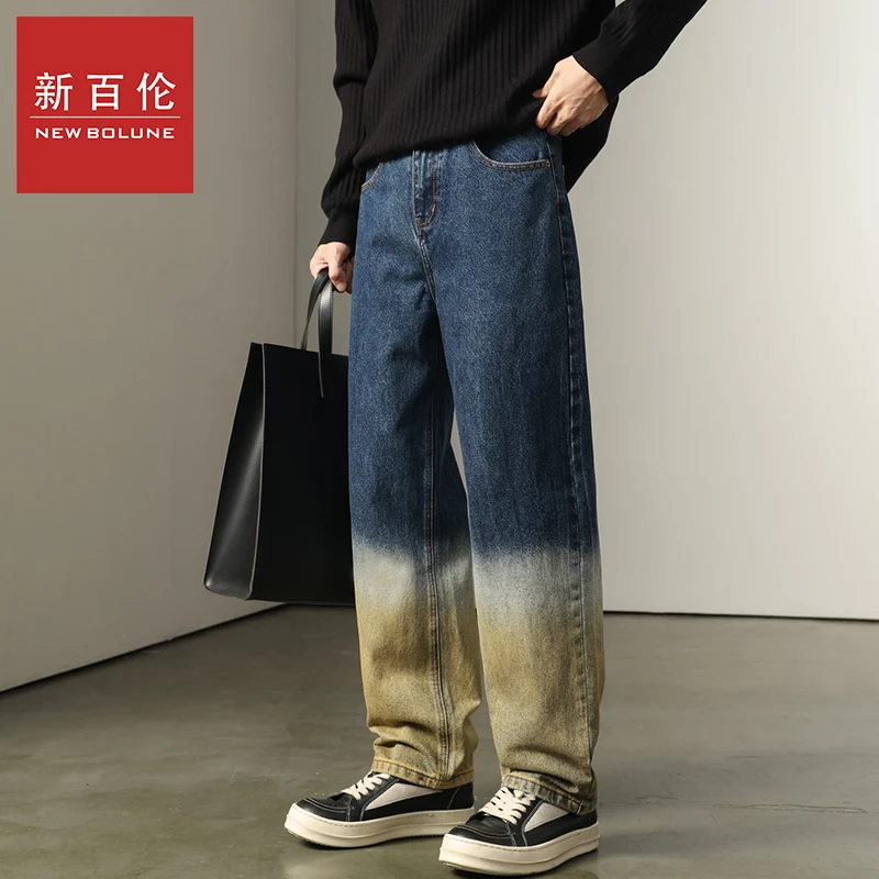 新百伦牛仔裤男爆款秋冬渐变色港风潮流宽松直筒裤复古休闲牛仔裤