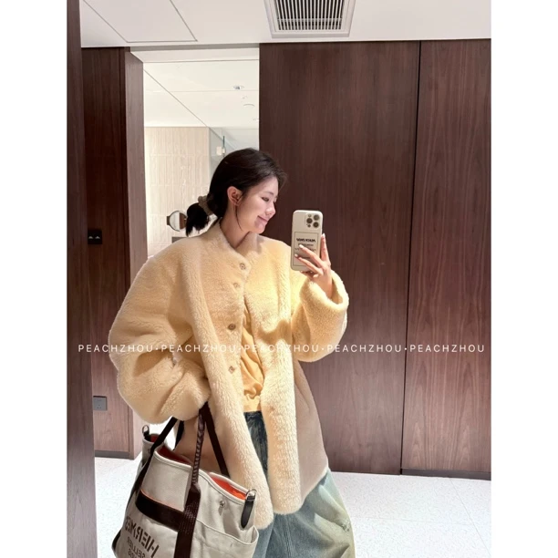 PEACHZHOU 100羊毛'冬日奶酪'绒感暗门襟宽松廓形立领毛呢外套