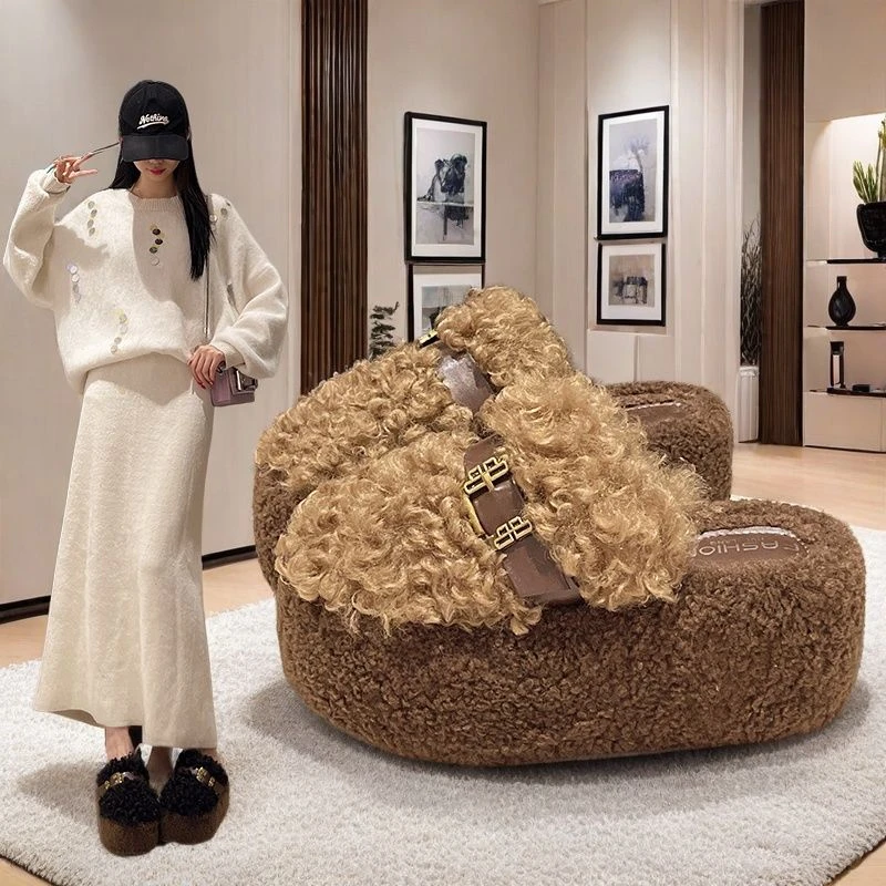 包头毛毛拖鞋女秋冬爆款网红时尚厚底外穿休闲百搭软底防滑一字拖