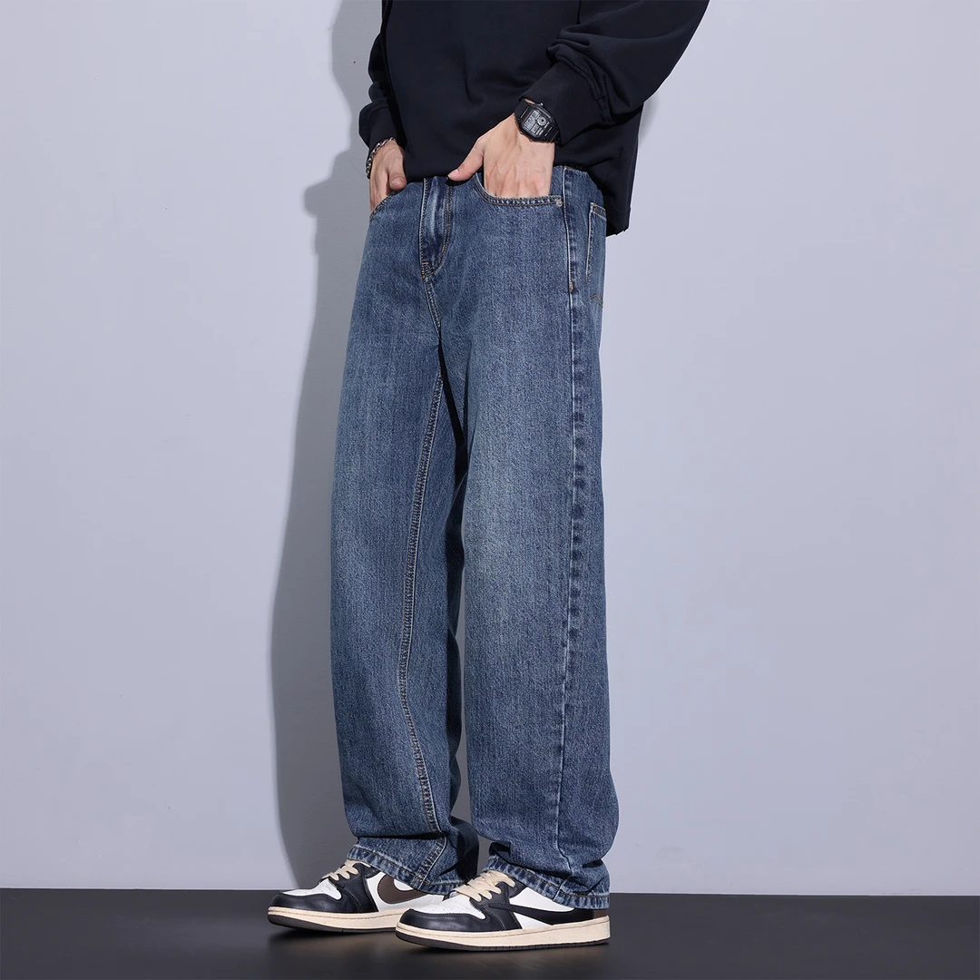 Kuvin2025秋季宽松美式复古直筒潮流经典纯色简约百搭牛仔裤男款