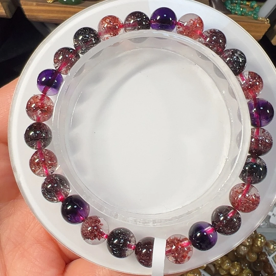 水晶手链未镶嵌巴西黑加仑7.7mm满矿透体单圈手串