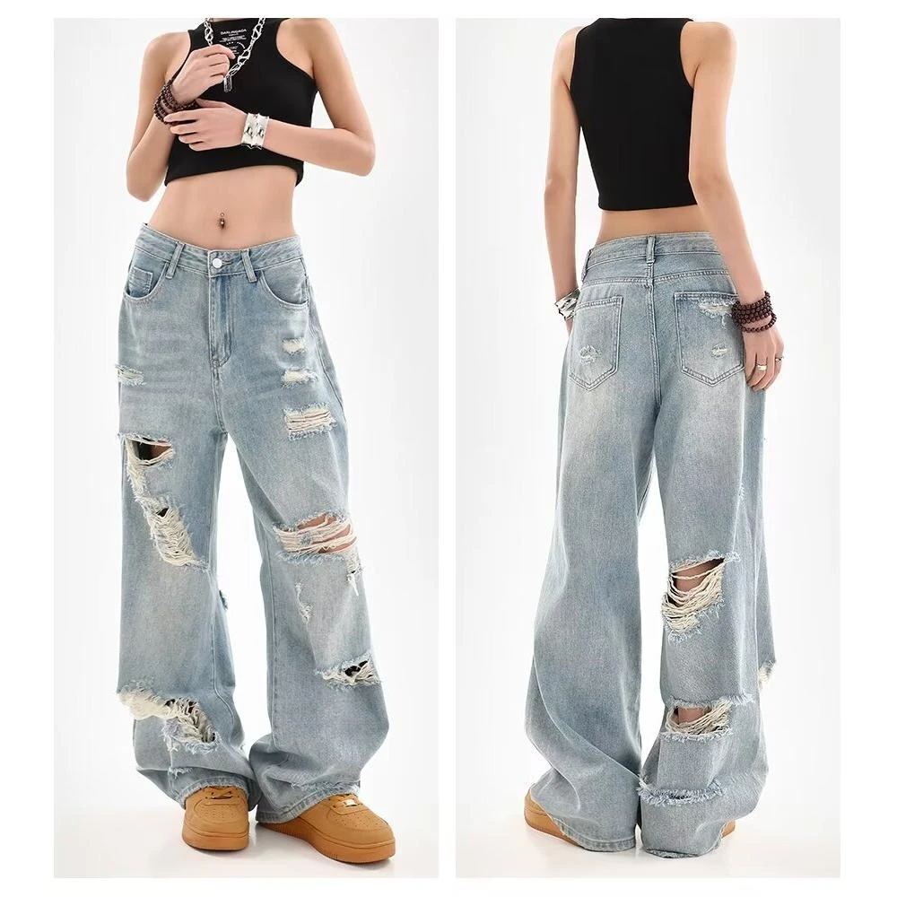 破洞牛仔裤男款夏季男士复古潮流乞丐裤百搭潮流宽松阔腿直筒裤JP