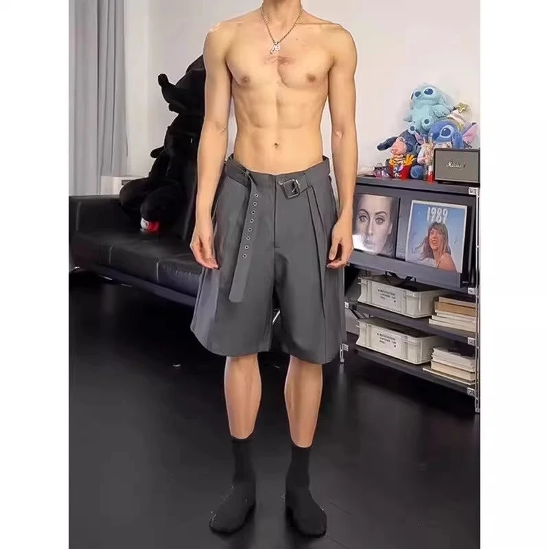 灰色冰丝褶皱西装短裤男夏季凉感速干裤子美式cleanfit休闲五分裤