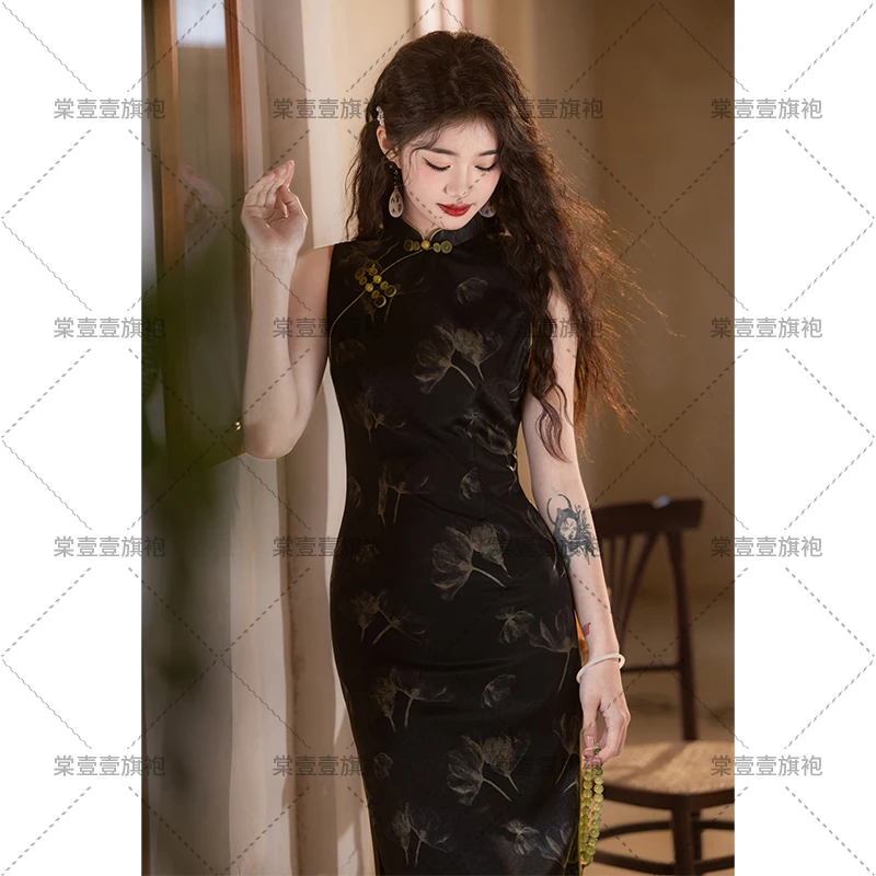 黑色无袖旗袍新中式复古港风年轻款改良日常可穿上班显瘦修身显高