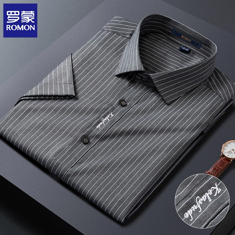 罗蒙夏季薄款短袖衬衫男士商务休闲轻奢细条纹刺绣衬衣竹纤维半袖