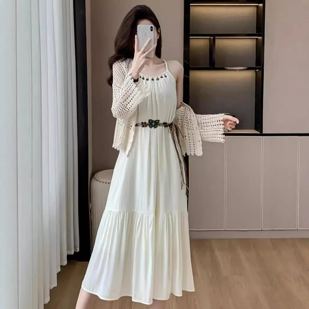 波西米亚吊带连衣裙两件套装女春季新款法式超仙森系海边度假长裙