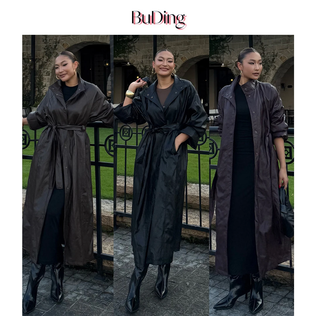 BuDing 超绝欧美风绑带长款PU皮风衣外套