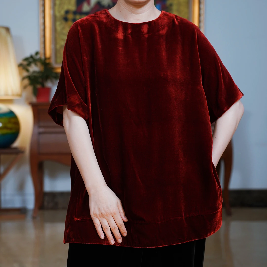 『芙蓉』复古中式国风红色丝绒极简时尚夏季气质百搭T恤-P5K6517