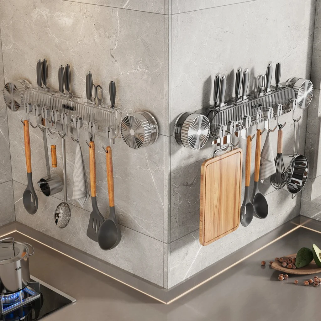 【浅诱】吸盘联排挂钩刀架厨房置物架家用联排挂钩锅铲砧板收纳架