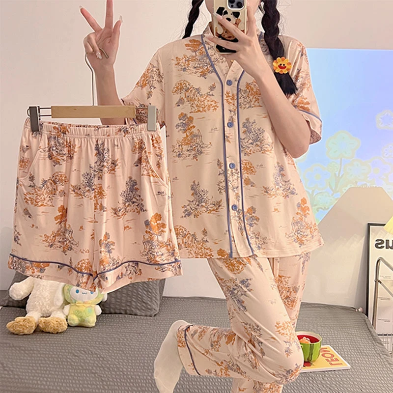 清新田园风睡衣夏天可外穿家居服三件套82239