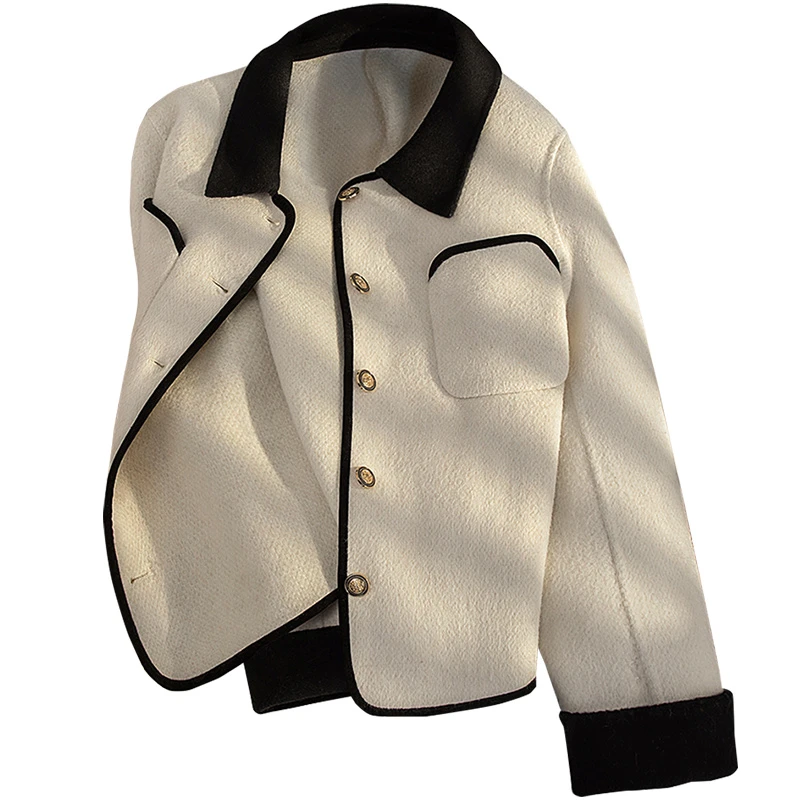 丝柏舍2025春装新款女装撞色翻领长袖宽松款绵羊毛外套S43B6714A