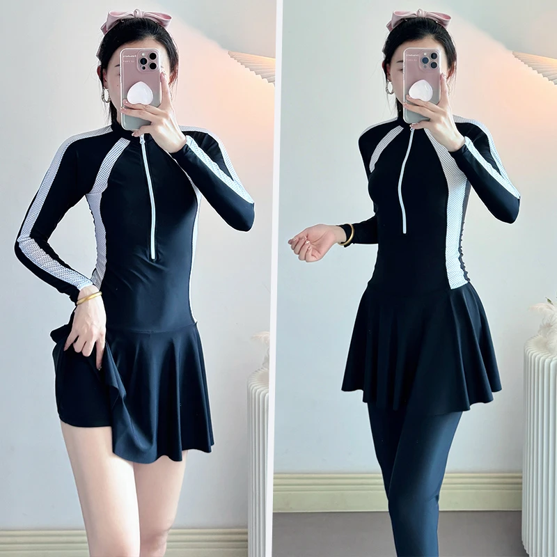 高级感连体裙式泳衣女保守长袖防晒遮肚遮肉泳装泡温泉速干游泳衣