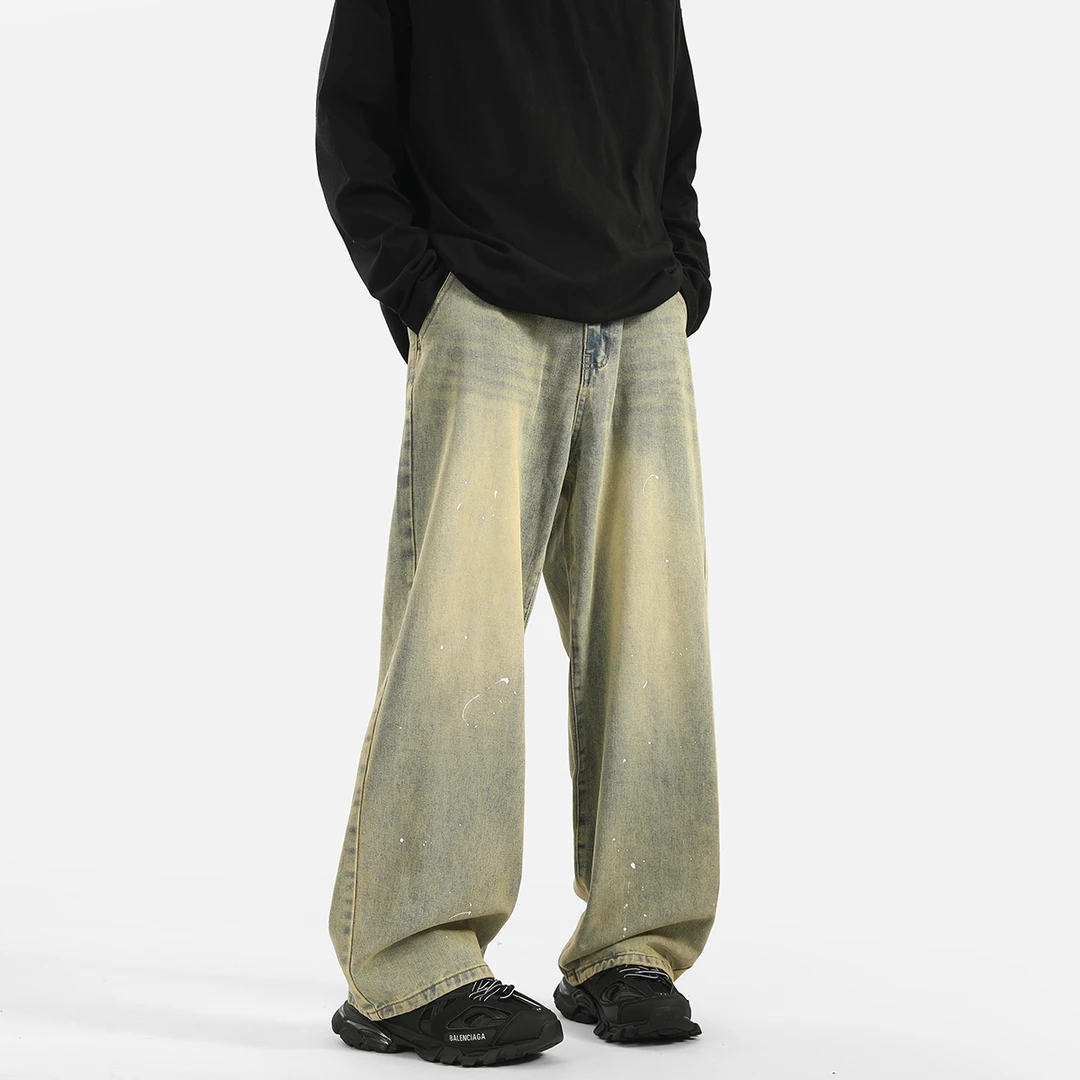 5006春秋潮牌港风阔腿裤复古喷漆泼墨情侣百搭直筒牛仔长裤