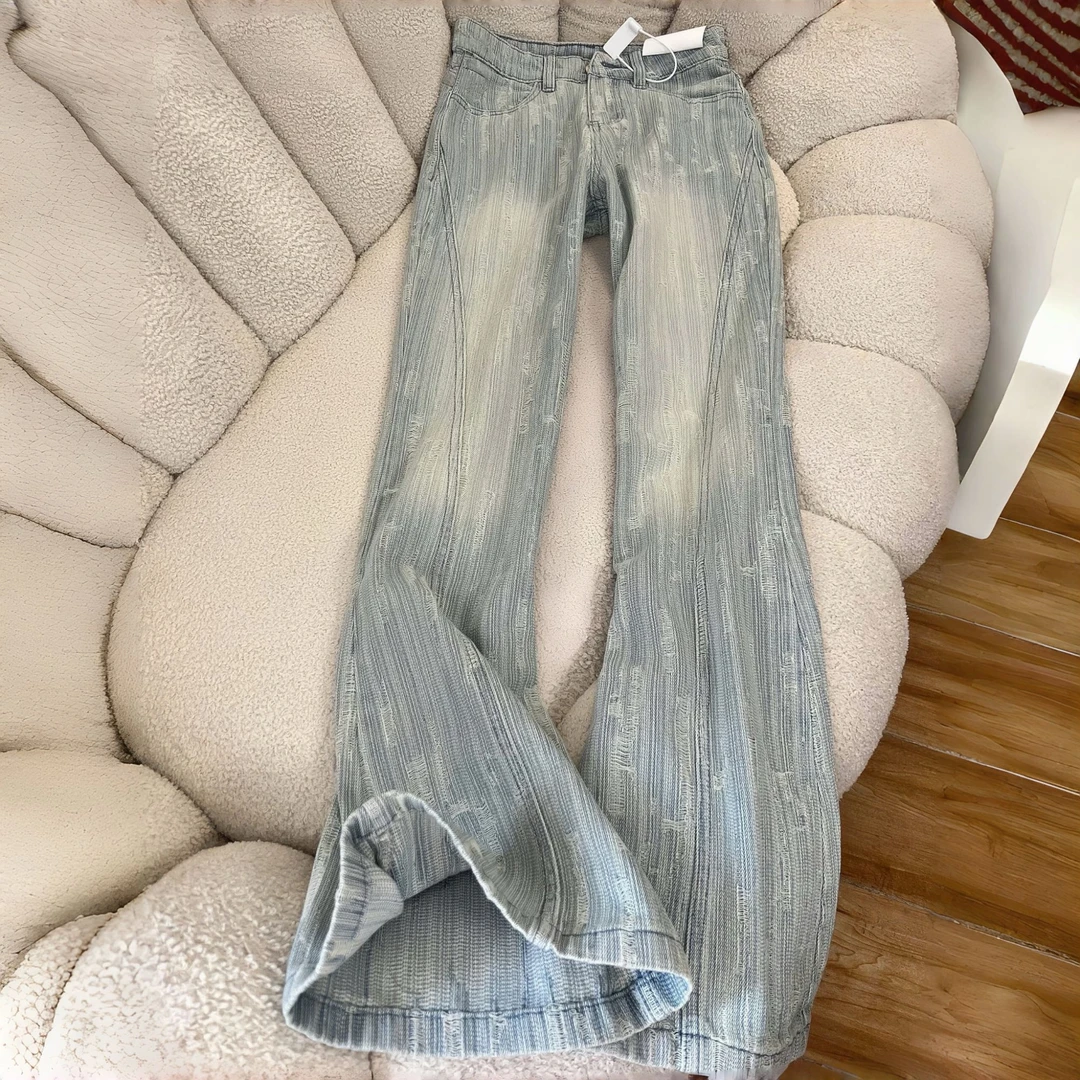 时尚纹理设计提花垂顺微喇牛仔裤2025秋季新款高腰显瘦马蹄拖地裤