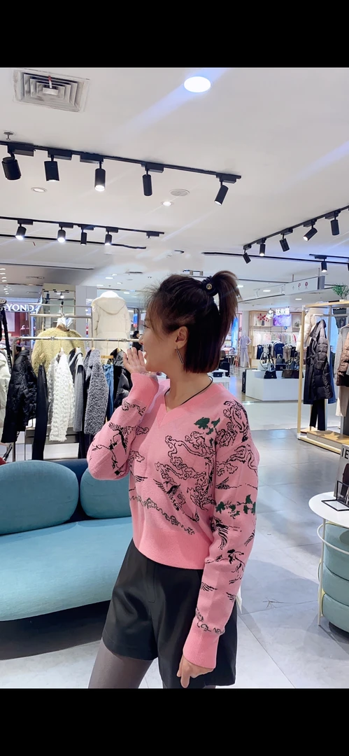 V领印花毛衫长袖针织衫时尚休闲百搭秋冬新款