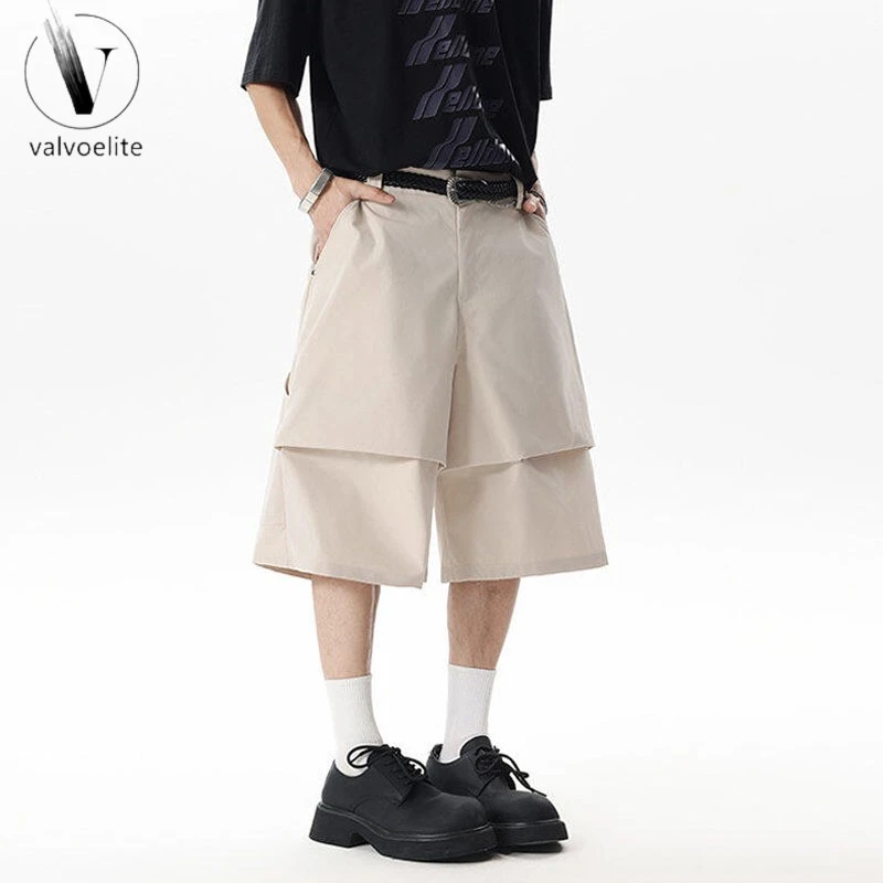 VALVOELITE薄款多口袋拼接弯刀工装短裤男夏季褶皱阔腿伐木七分裤