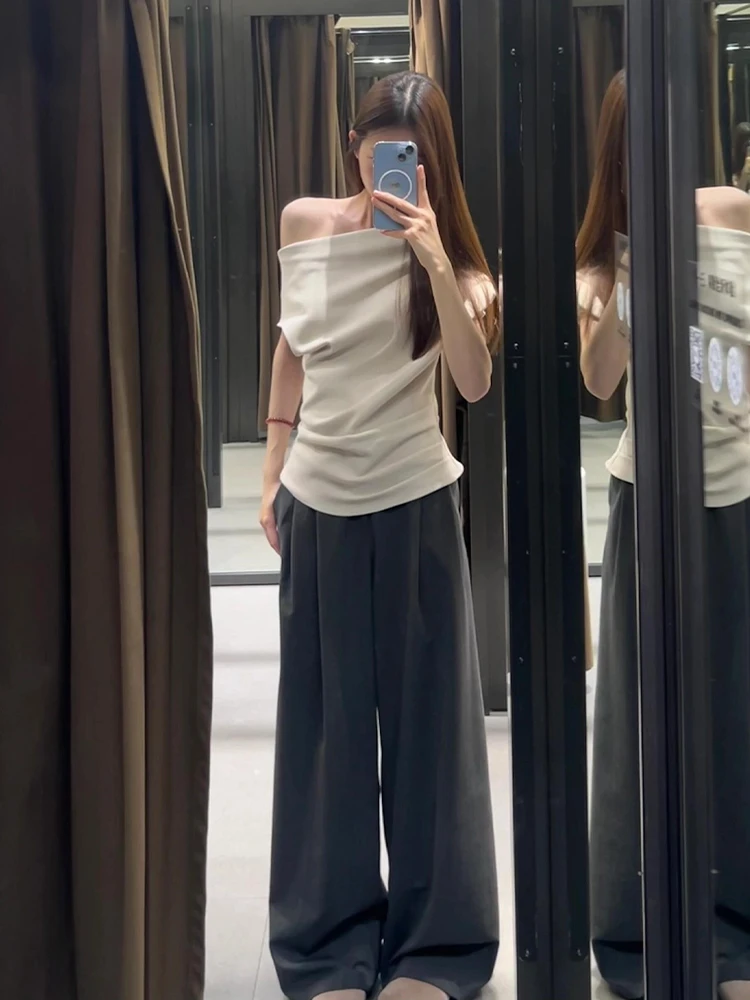 2025夏季款韩系通勤简约穿搭时尚斜肩短袖T恤高腰阔腿裤两件套