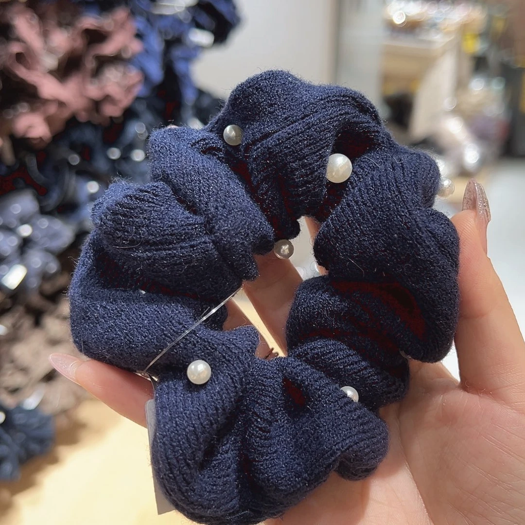 皮质铁合金蓝色珍珠毛线发圈