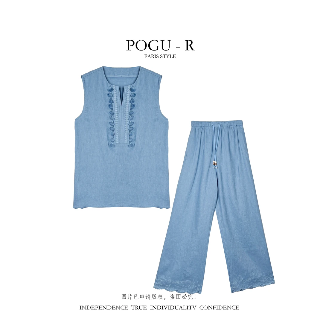 POGU-R 新品经典亚麻套装老钱风背心马甲休闲长裤短裤套装TZ-539