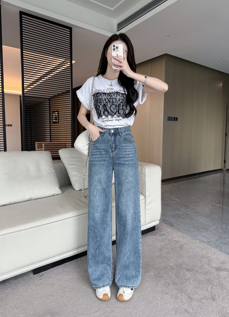 窄版阔腿牛仔裤女2025新款高腰小个子宽松显瘦直筒拖地裤2503