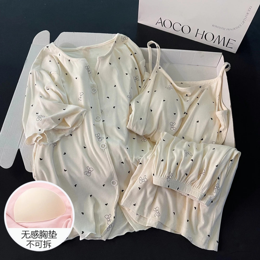 可外穿吊带睡衣女夏季带胸垫薄款三件套装凉感大码领结桃心家居服