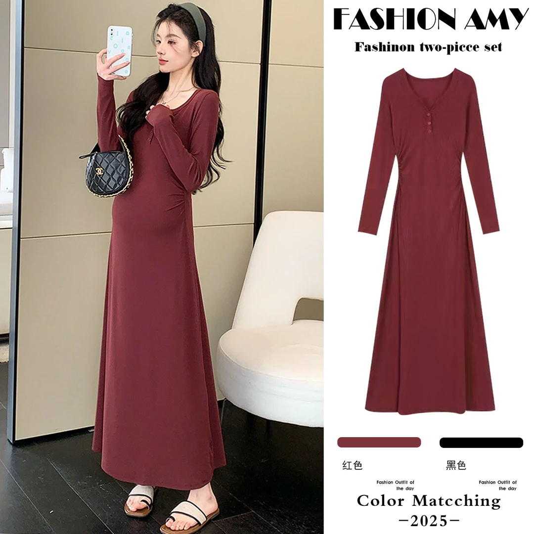 孕妇连衣裙春装新款时尚韩版气质高级感新年红色针织显瘦打底长裙