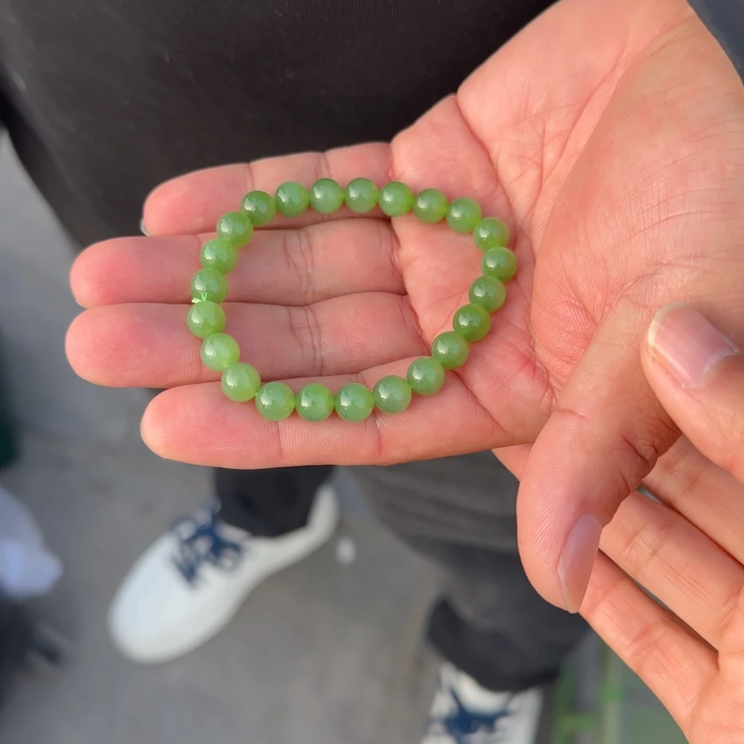 和田玉未镶嵌手链俄碧夹层料粉绿卡8