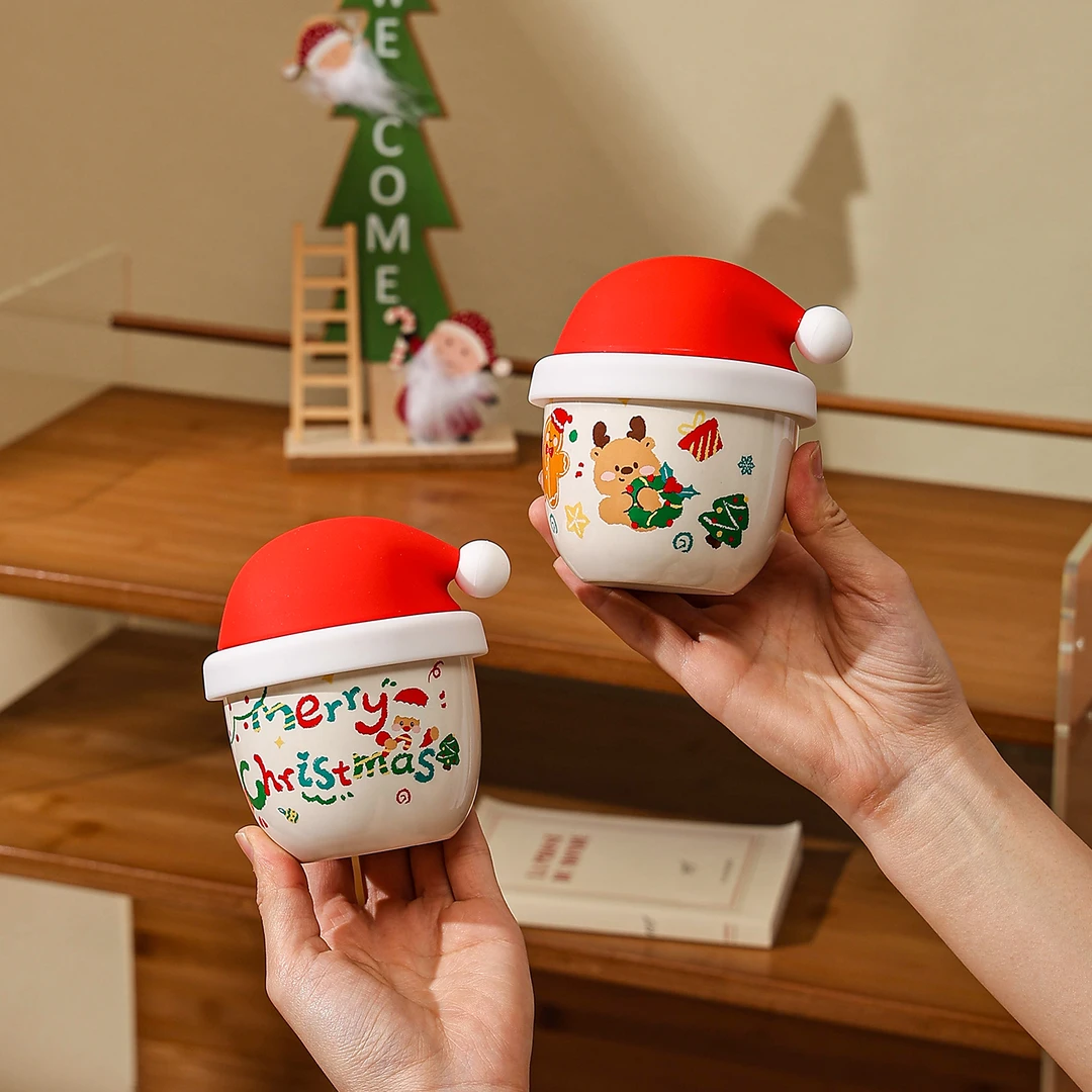 可爱圣诞帽杯子带盖陶瓷咖啡杯手握拿铁杯情侣杯随手杯圣诞节礼物