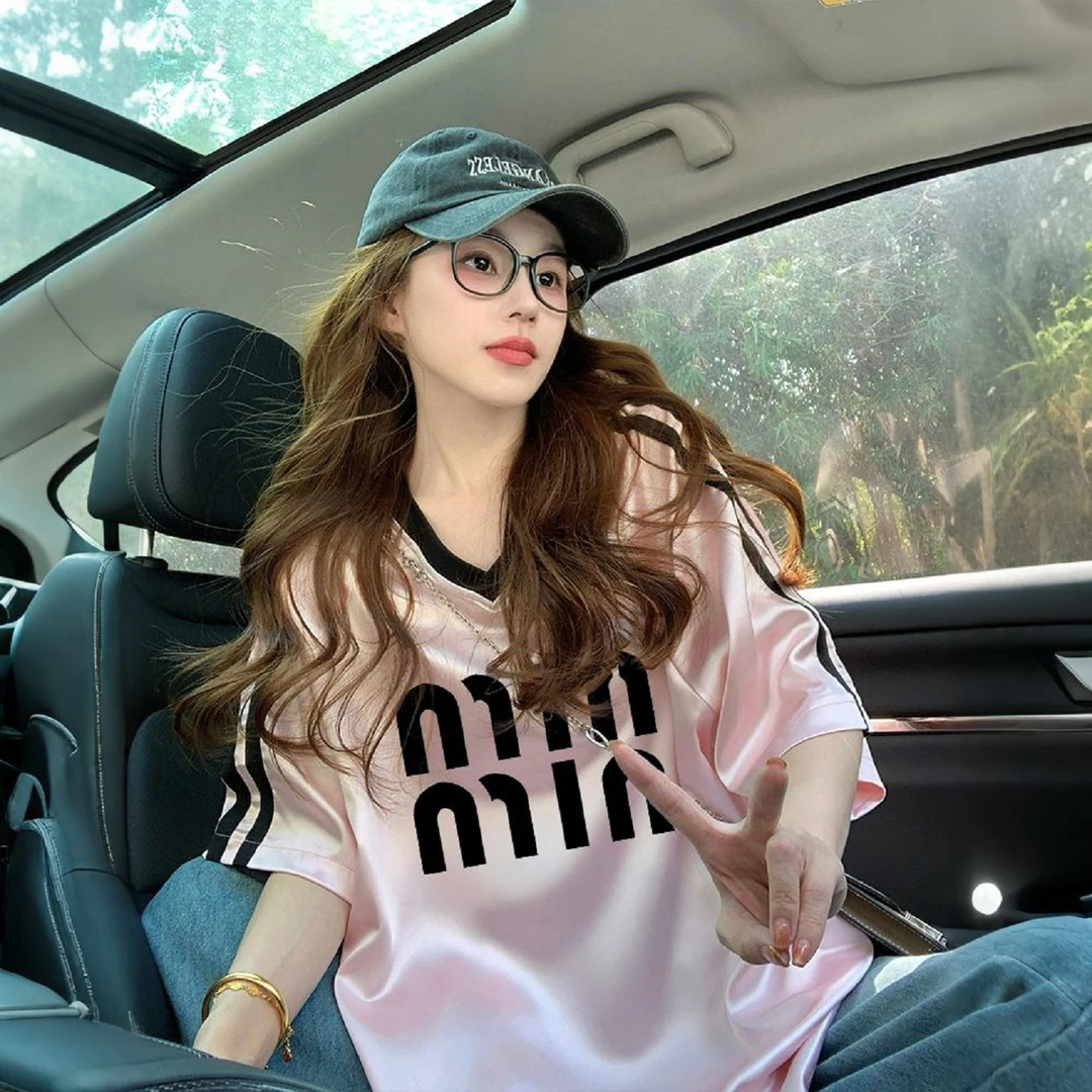 夏季美式运动风宽松V领短袖t恤女小清新洋气减龄中长款插肩袖上衣