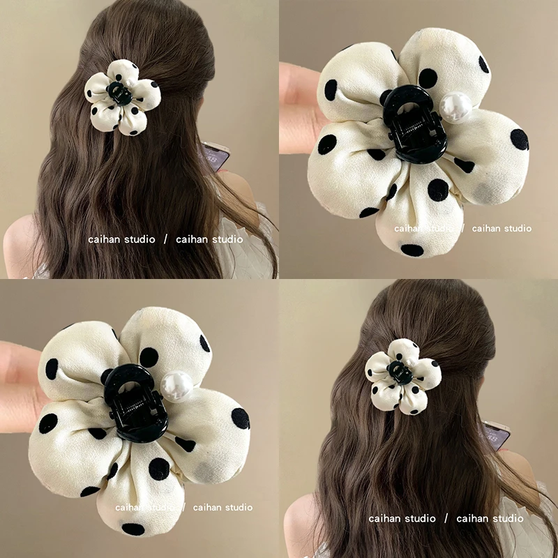 法式时髦~波点珍珠抓夹！可爱胖胖小花朵半扎发夹简约发夹盘发器