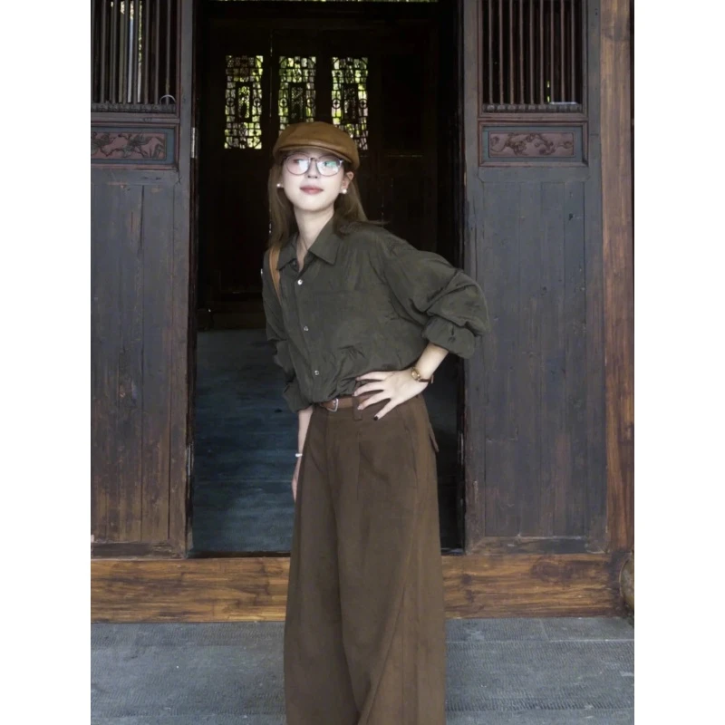 新款秋季长袖衬衫文艺复古宽松上衣港味衬衫直筒休闲裤阔腿拖地裤