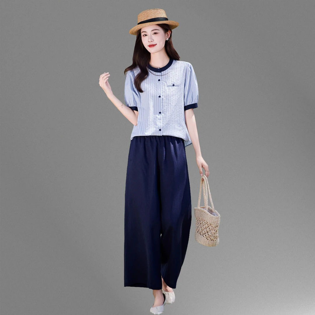时尚气质亚麻套装女夏季2025年新款宽松休闲条纹衬衫阔腿裤两件套