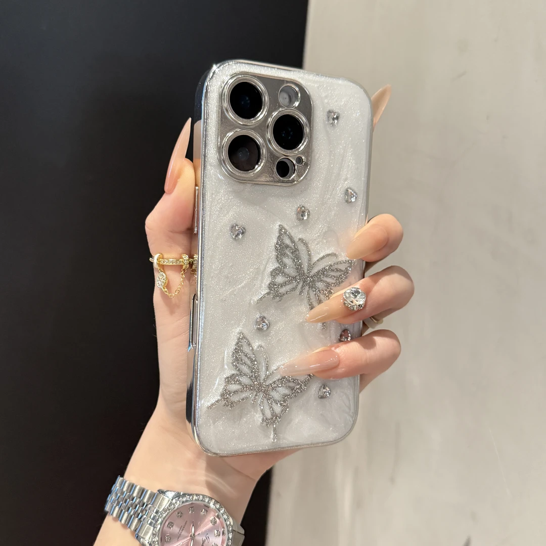 日韩滴胶蝴蝶适用苹果16promax手机壳时尚iPhone15电镀14个性13女