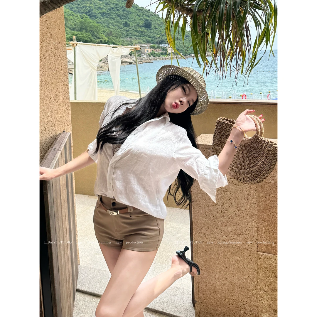 现货 LIBAIYI 亚麻•小马衬衣/夏季舒适透气出游翻领百搭衬衫 1572
