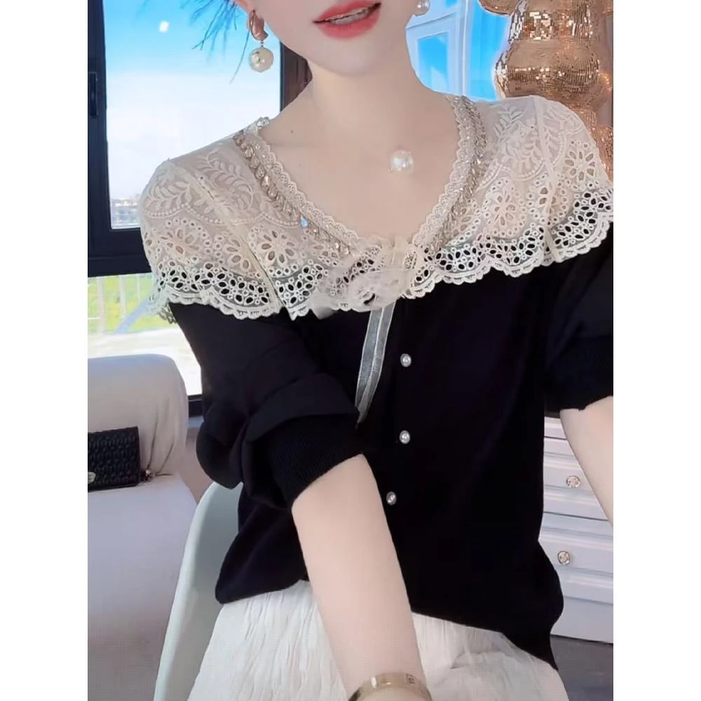时尚重工烫钻蕾丝拼接针织开衫2025秋季新款设计感镂空v领上衣女