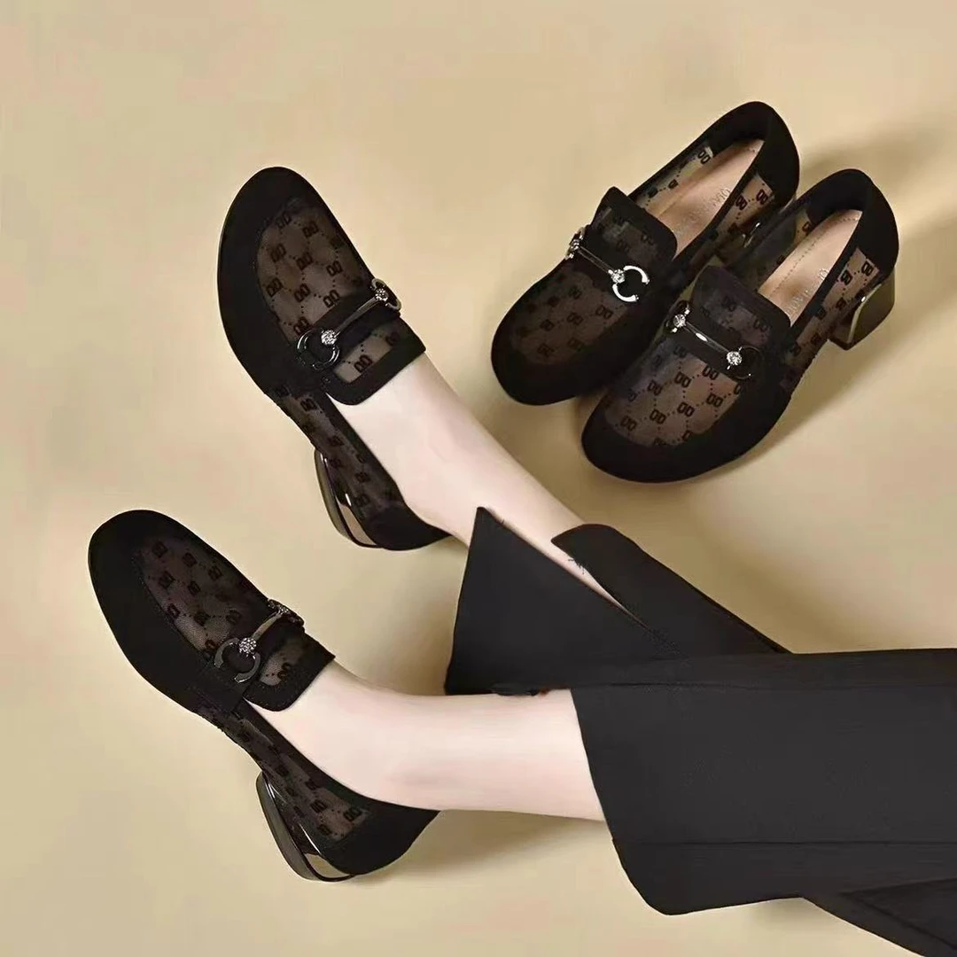 软皮网纱单鞋女2025新款夏季女鞋圆头粗跟豆豆鞋百搭透气乐福女鞋