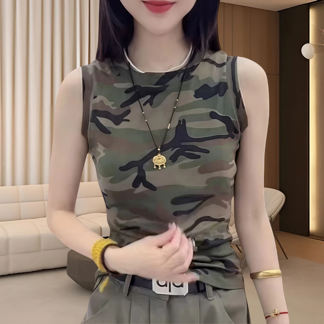 时尚炸街新款女装背心女夏季运动风迷彩无袖t恤纯欲慵懒风女装