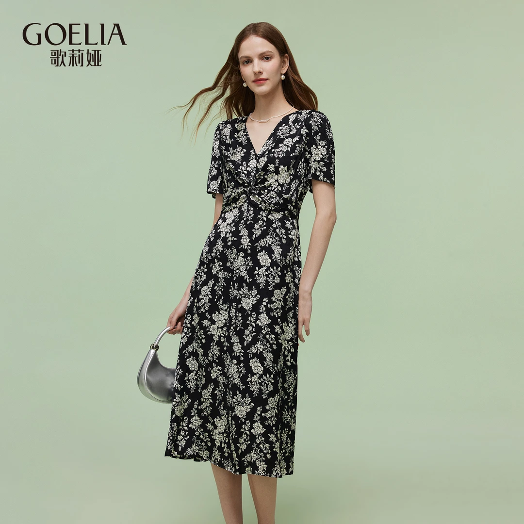 【预售】歌莉娅 夏季人丝人棉提花印花扭结连衣裙  1E4L4K3R0