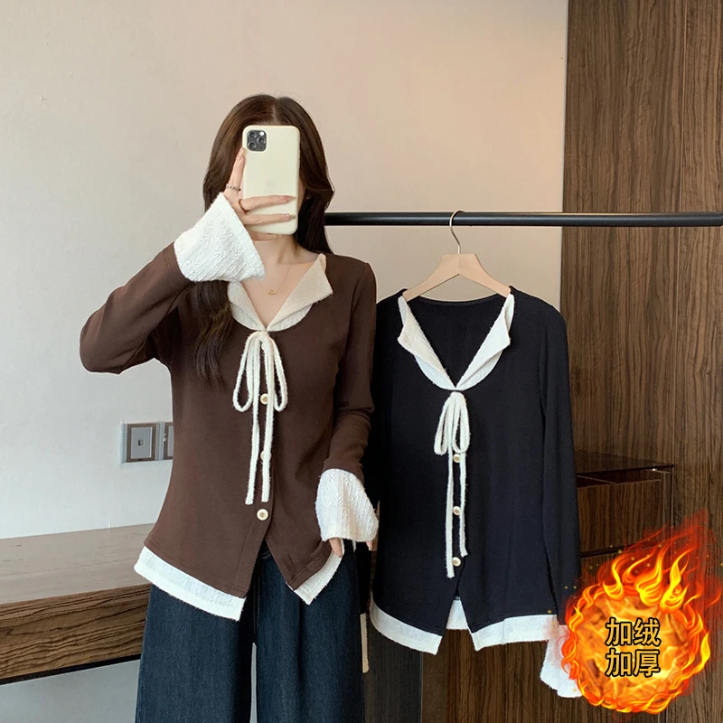 0462 秋冬新款胖mm大码女时尚撞色假两件加绒保暖长袖上衣 A2747