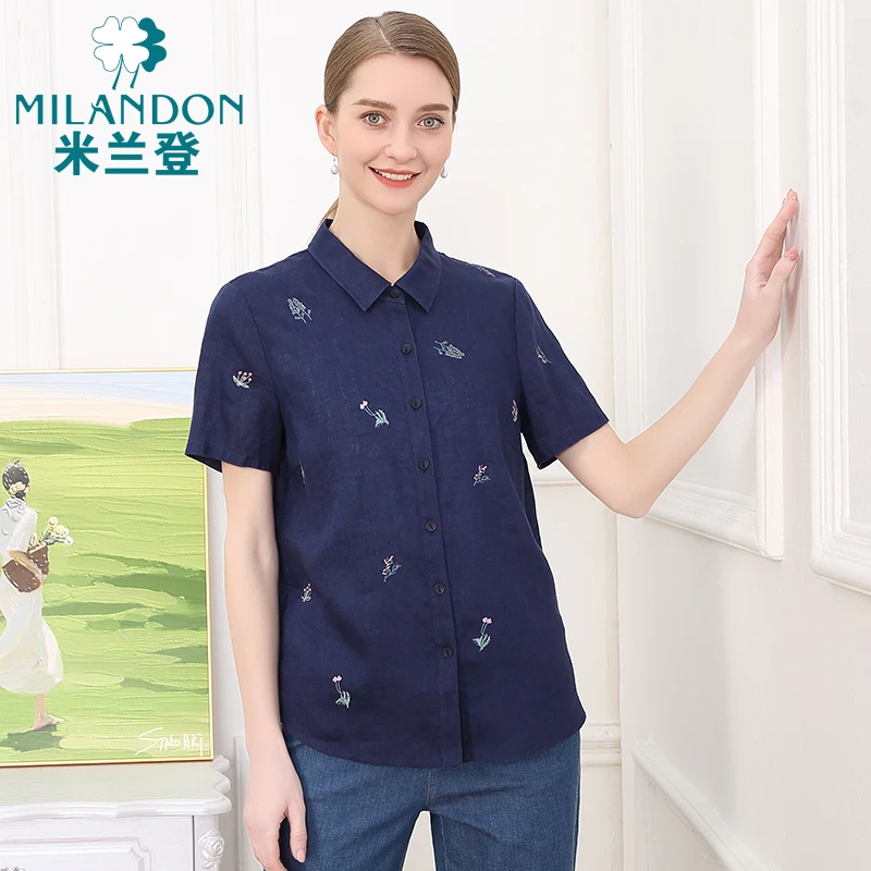 MILANDON/米兰登亚麻短袖衬衫宽松大码夏季薄衬衣翻领女WP230112