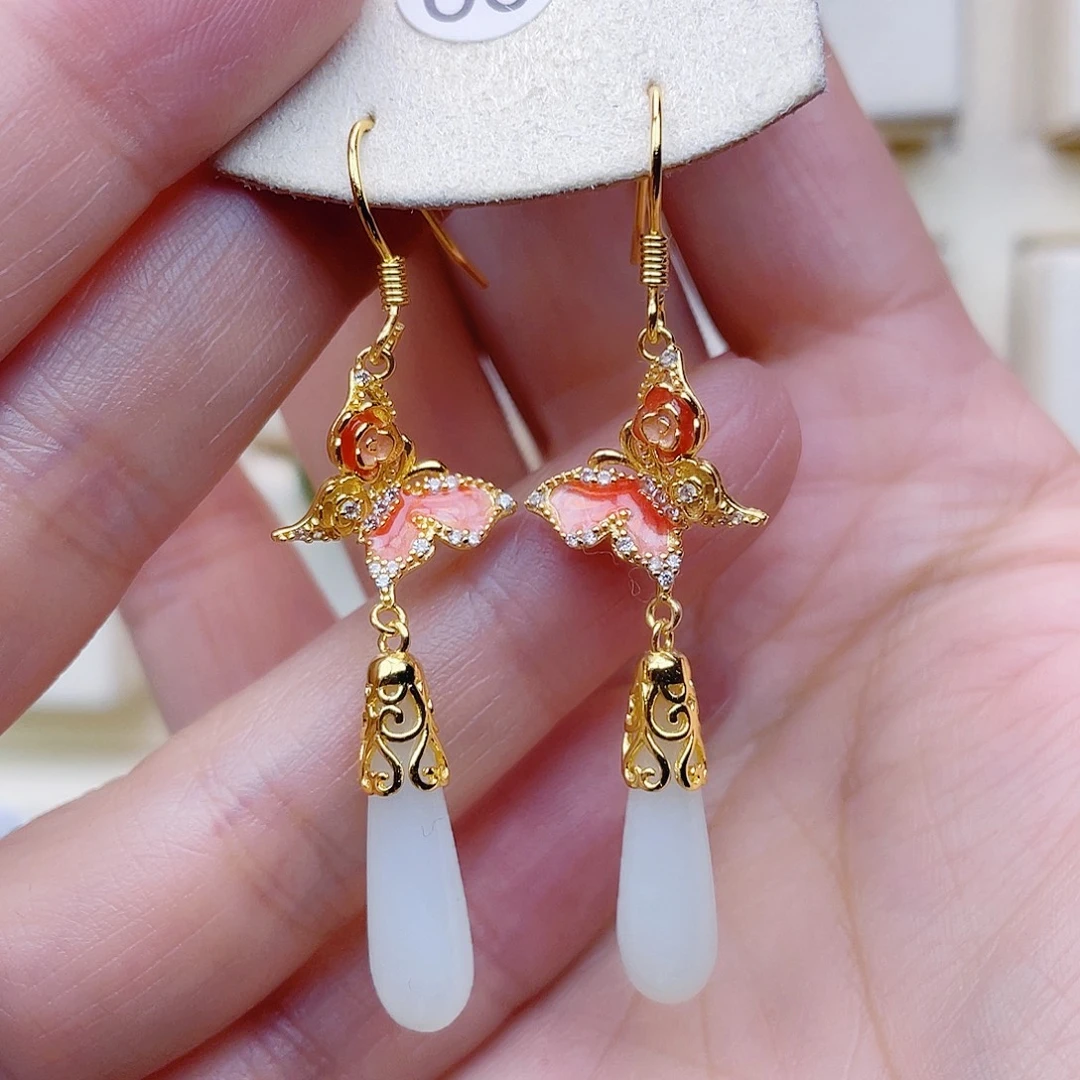 和田玉银S925镀金镶嵌耳饰